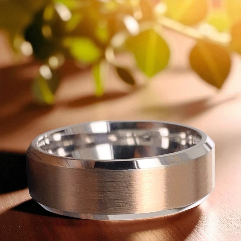 Gold 8mm Tungsten Carbide Beveled Edge Men’s Wedding Band Ring